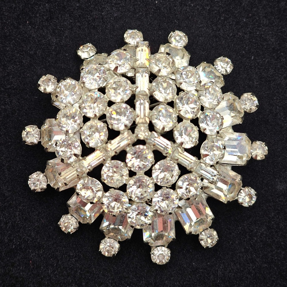 Vintage Weiss Rhinestone Brooch Clear Glass Domed Tiered Statement Pin READ